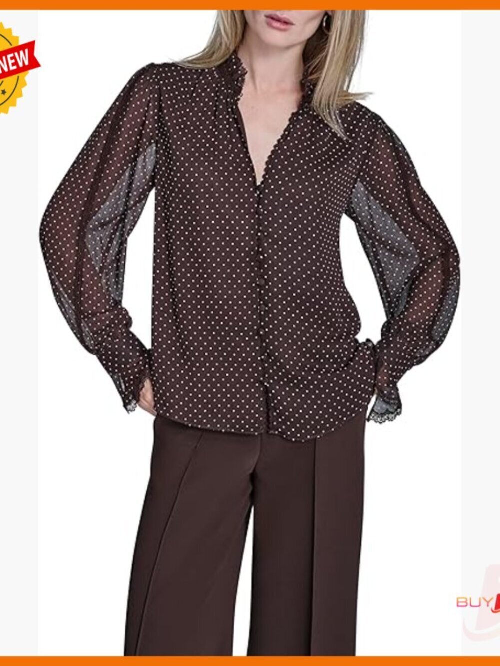 Long Sleeve Ruffle Collar Button Down Blouse Relaxed Fit Polyester